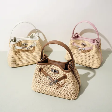 Genuine Leather Straw Spliced Bucket Bag Women Fashion Urban Minimalist Crossbody Shoulder Bag Lock Closure Handbag