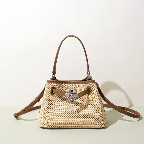 Genuine Leather Straw Spliced Bucket Bag Women Fashion Urban Minimalist Crossbody Shoulder Bag Lock Closure Handbag