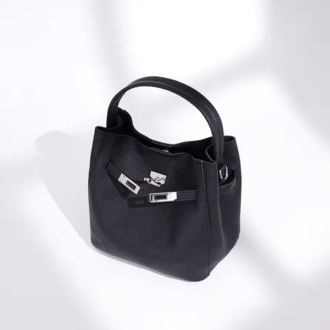 Minimalist Genuine Leather Bucket Bag For Women Top Handle Shoulder Crossbody Bag With Metal Lock Commuter Handbag