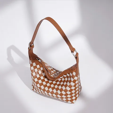 Woven Leather Canvas Patchwork Women Shoulder Bag Casual Retro Plaid Handbag Stylish Top Handle Crossbody Bag