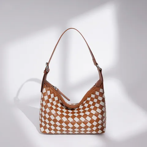 Woven Leather Canvas Patchwork Women Shoulder Bag Casual Retro Plaid Handbag Stylish Top Handle Crossbody Bag