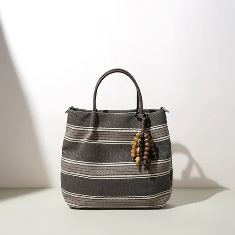 Women Canvas Tote Bag Casual Striped Cotton And Linen Handbag Fashion Retro Top Handle Crossbody Shoulder Bag