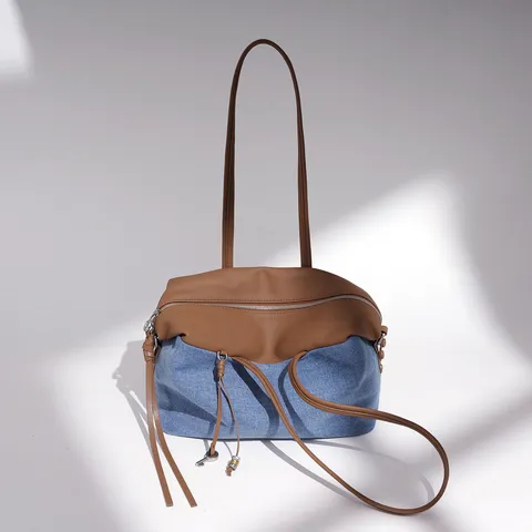 Women Genuine Leather Denim Patchwork Shoulder Bag Commuter Large Capacity Underarm Tote Bag Stylish Handbag