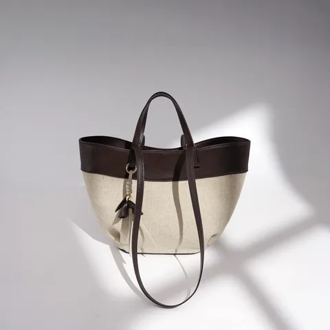 Women Casual Canvas And Genuine Leather Tote Bag Large Capacity Shoulder Handbag Colorblock Commuter Bag
