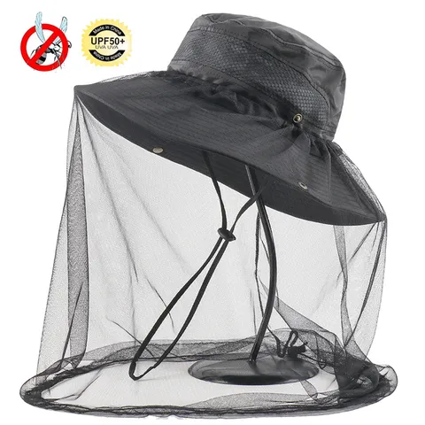 Sommer Outdoor Anti-Mosquito Fischerhut Polyester Mesh Atmungsaktiv Breite Krempe Sonnenhut UV-Schutz Angeln Wandern Kappe