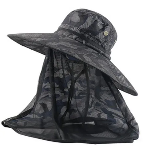 Unisex Camouflage Fischerhut Outdoor Sonnenschutz Angelkappe Mit Moskitonetz Schleier Breite Krempe Atmungsaktiver Sommerhut