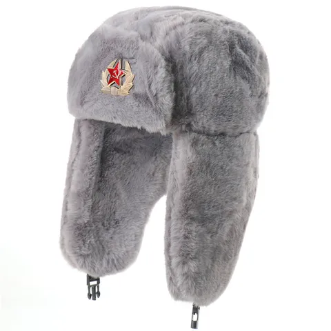 Unisex Künstliches Kaninchenfell Ushanka Trapper Mütze Winter Warm Kaltes Wetter Bomber Mütze mit Abzeichen Ohrenklappe Kappe