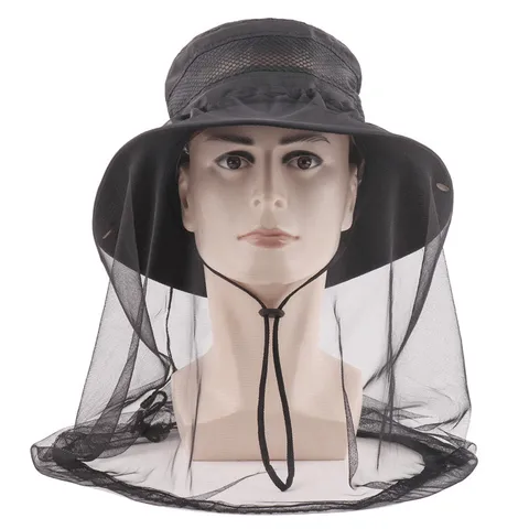 Sommer Outdoor Anti-Mosquito Fischerhut Polyester Mesh Atmungsaktiv Breite Krempe Sonnenhut UV-Schutz Angeln Wandern Kappe