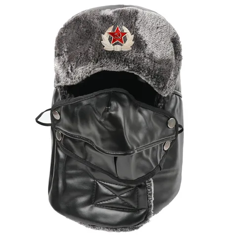 Winter Warme Trapper Mütze Winddicht PU Leder Ushanka Bomberhut mit Ohrenklappen Outdoor Skikappe für Herren Damen
