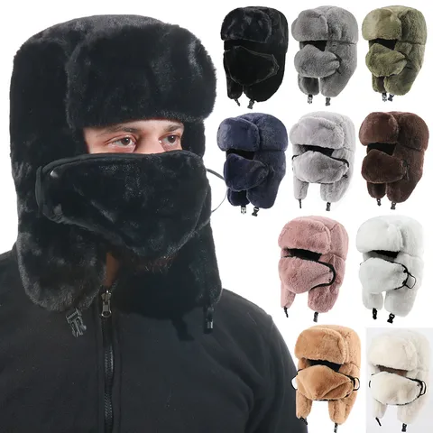 Unisex Kunstkaninchenfell Trapper Mütze Verdickte Warme Ohrenklappen Bomber Mütze Winter Winddicht Kaltes Wetter Russische Schneemütze