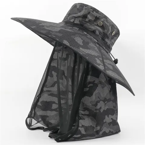 Unisex Camouflage Fischerhut Outdoor Sonnenschutz Angelkappe Mit Moskitonetz Schleier Breite Krempe Atmungsaktiver Sommerhut