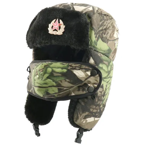 Winter Warme Camouflage Trapper Bomber Mütze Kunstpelz Ohrenklappe Winddicht Kaltes Wetter Schneekappe