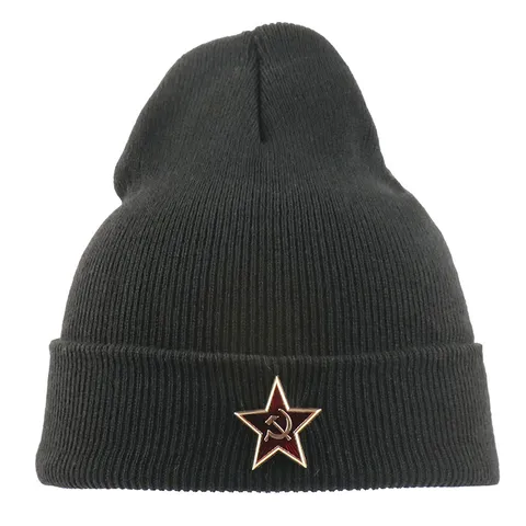 Unisex Winter Warme Strickmütze Mit Sowjetischen Roten Stern Hammer Und Sichel Metallabzeichen Hip Hop Casual Tägliche Mütze