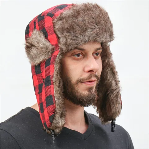 Unisex Winter Warme Bombermütze Mit Klassischem Karomuster Und Kunstfell Ohrenklappen Winddichtes Design Ideal Für Skifahren Im Freien Und Alltag