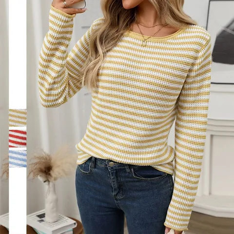 Women Casual Striped Crew Neck Sweater Loose Pullover Long Sleeve Knitted Top Autumn Winter Fashion Clothes Striped Knitwear