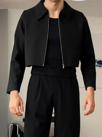 Heren Casual Korte Omgeslagen Kraag Polyester Jas Tweeweg Rits Losse Minimalistische Effen Kleur Mode Bovenkleding