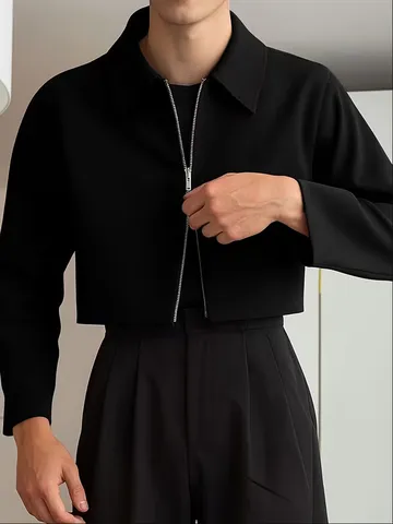 Heren Casual Korte Omgeslagen Kraag Polyester Jas Tweeweg Rits Losse Minimalistische Effen Kleur Mode Bovenkleding