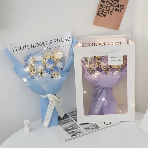 Artificial Soap Rose Gypsophila Dried Flower Bouquet With LED Light Gift Bag Romantic Valentine Day Gift Party Decor