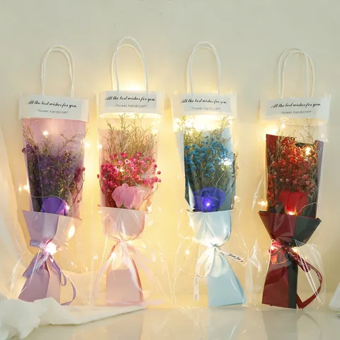 Creative Dried Flower Rose Soap Flower Bouquet With LED Light Gift Bag Valentine Day Gift Floral Arrangement