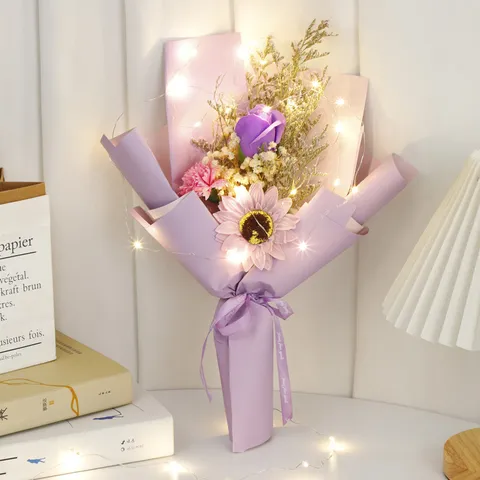Valentine Day Soap Rose Flower Bouquet With Dried Baby Breath Sunflower LED Light Gift Bag Romantic Party Decor Gift