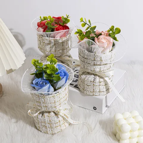 Mini Chic Tweed Wrapped Soap Rose Flower Bouquet Artificial Flower Gift For Valentine Day Birthday Party Home Decor