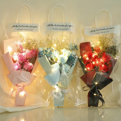 Valentines Day Gift Dried Flower Gypsophila Rose Bouquet With LED Light Transparent Handbag Romantic Festival Present