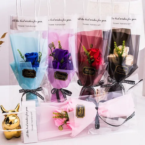 Valentine Day Gift Soap Rose Flower Bouquet With Transparent Gift Bag Artificial Flower For Party Wedding Home Decor