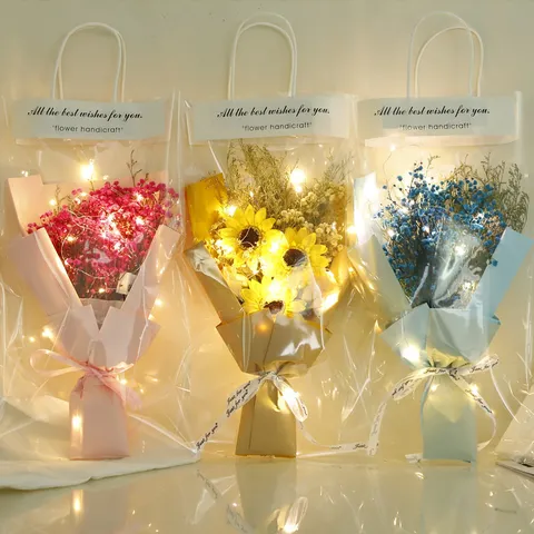 Valentines Day Gift Dried Flower Gypsophila Rose Bouquet With LED Light Transparent Handbag Romantic Festival Present