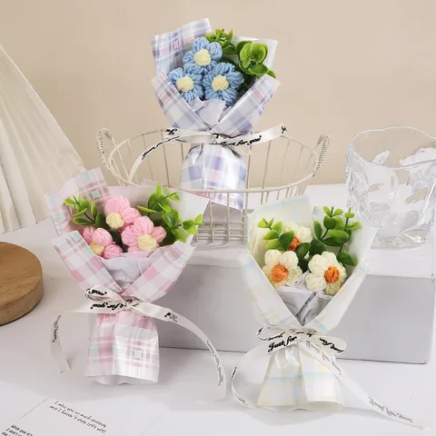 Handmade Knitted Yarn Small Flower Bouquet Crochet Puff Flowers Plaid Wrap Gift For Valentine Home Decor