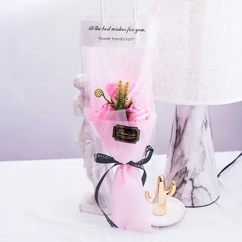 Valentine Day Gift Soap Rose Flower Bouquet With Transparent Gift Bag Artificial Flower For Party Wedding Home Decor