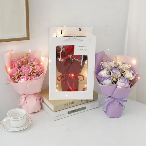 Valentine Day Soap Rose Gypsophila Bouquet With LED Light Gift Bag Romantic Birthday Artificial Flower Gift