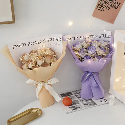 Artificial Soap Rose Gypsophila Dried Flower Bouquet With LED Light Gift Bag Romantic Valentine Day Gift Party Decor
