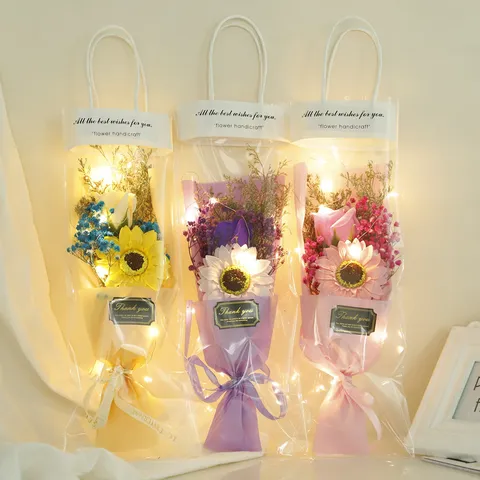 Handheld Gift Bag Dried Flower Bouquet Gypsophila Sunflower With LED Light Valentine Day Birthday Gift Home Decor