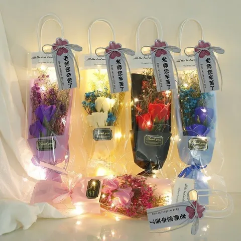 Valentine Day Soap Rose Baby Breath Artificial Flower Bouquet With LED Light Gift Bag Romantic Home Decor Present