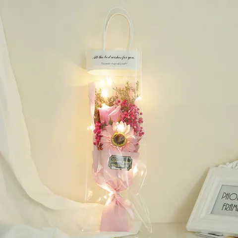Handheld Gift Bag Dried Flower Bouquet Gypsophila Sunflower With LED Light Valentine Day Birthday Gift Home Decor