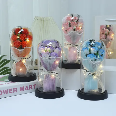 Eternal Rose Soap Flower Bouquet Luminous Ornament With Acrylic Cover And LED String Lights For Valentine Birthday Gift