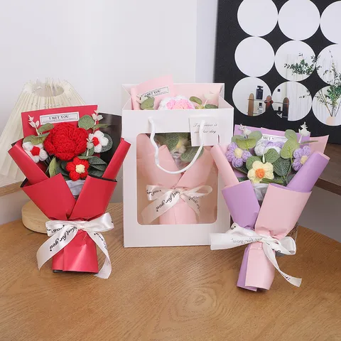 Handmade Knitted Crochet Rose Flower Bouquet With LED Light Gift Bag Romantic Valentine Day Gift Home Decor Party Decoration