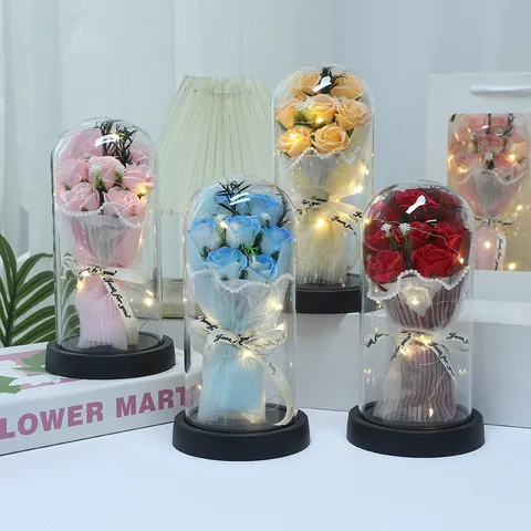 Eternal Rose Soap Flower Bouquet Luminous Ornament With Acrylic Cover And LED String Lights For Valentine Birthday Gift