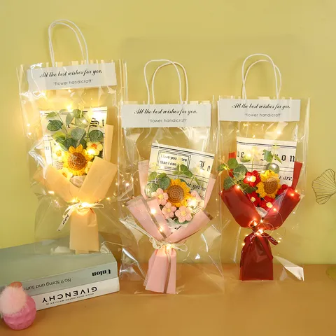 Handmade Knitted Crochet Rose Sunflower Flower Bouquet With LED Light String Gift Bag For Valentine Day Home Party Decor