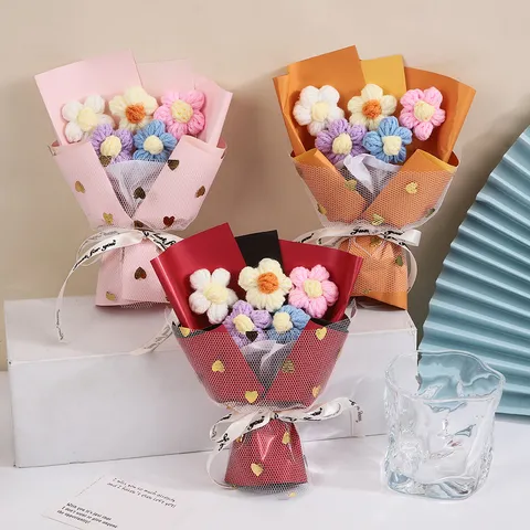 Handmade Knitted Woolen Flower Bouquet Crochet Daisy Floral Gift Artificial Flower For Valentine Day Home Decor