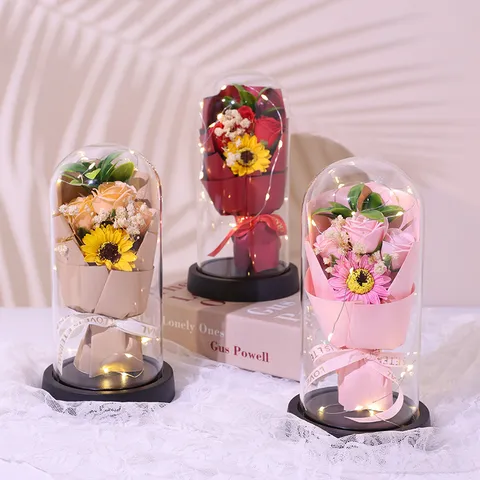 Valentine's Day Glass Cover Preserved Flower Rose Soap Flower Bouquet With LED Light Romantic Home Decor Gift