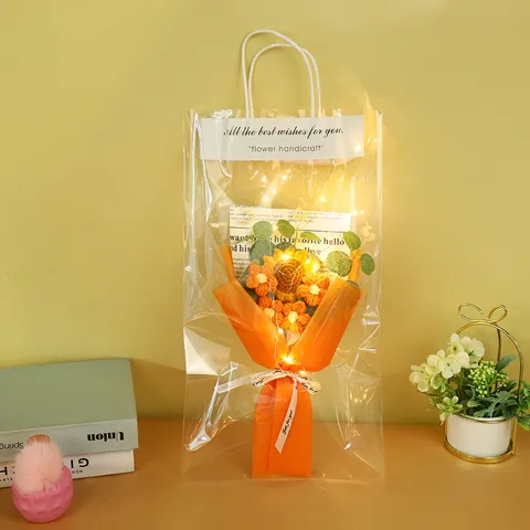 Handmade Knitted Crochet Rose Sunflower Flower Bouquet With LED Light String Gift Bag For Valentine Day Home Party Decor