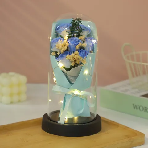 Glass Dome Eternal Rose Soap Flower Preserved Flower Gift With LED Light Base Romantic Home Decor Valentine Day Gift