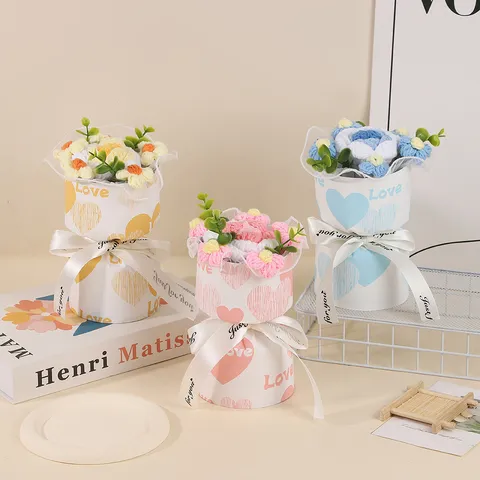 Handmade Knitted Crochet Yarn Rose And Sunflower Bouquet Gift Set Home Decor Valentine Day Present