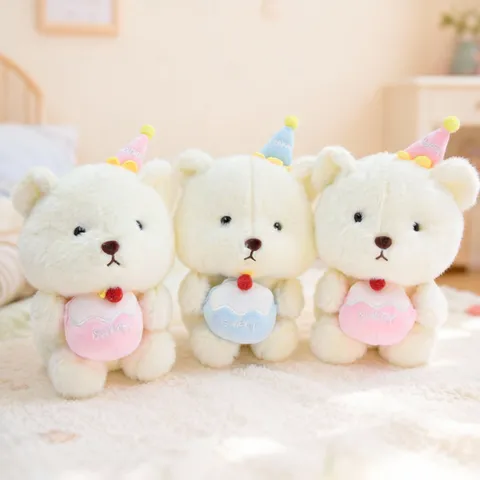 Cute Cake Bear Plush Toy Stuffed Animal Doll With Birthday Party Hat Soft Plush Toy Kids Gift Home Decoration