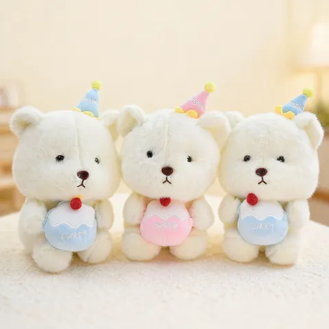 Cute Cake Bear Plush Toy Stuffed Animal Doll With Birthday Party Hat Soft Plush Toy Kids Gift Home Decoration