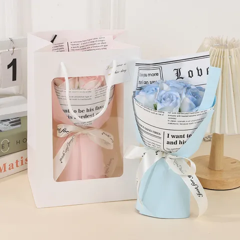 Valentine Day Soap Rose Flower Bouquet With String Lights Window Gift Bag Artificial Flower Gift For Girlfriend Women
