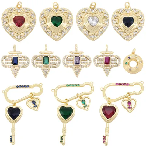 DIY Jewelry Accessories 18K Gold Plated Copper Heart Pendant Micro Zirconia Inlaid Key Charms For Necklace Bracelet Making Finding Components