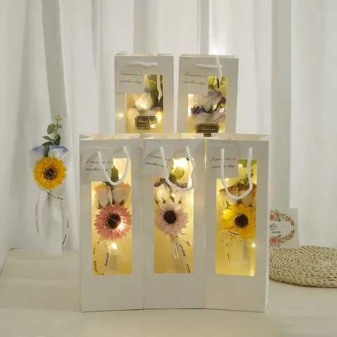 Artificial Soap Rose Flower Bouquet Gift Box With LED Light Window Handbag Romantic Valentine Birthday Gift For Women