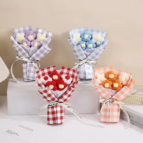 Handmade Knitted Puff Flower Bouquet Crochet Rose Gift Candy Colored Home Decor Artificial Flowers